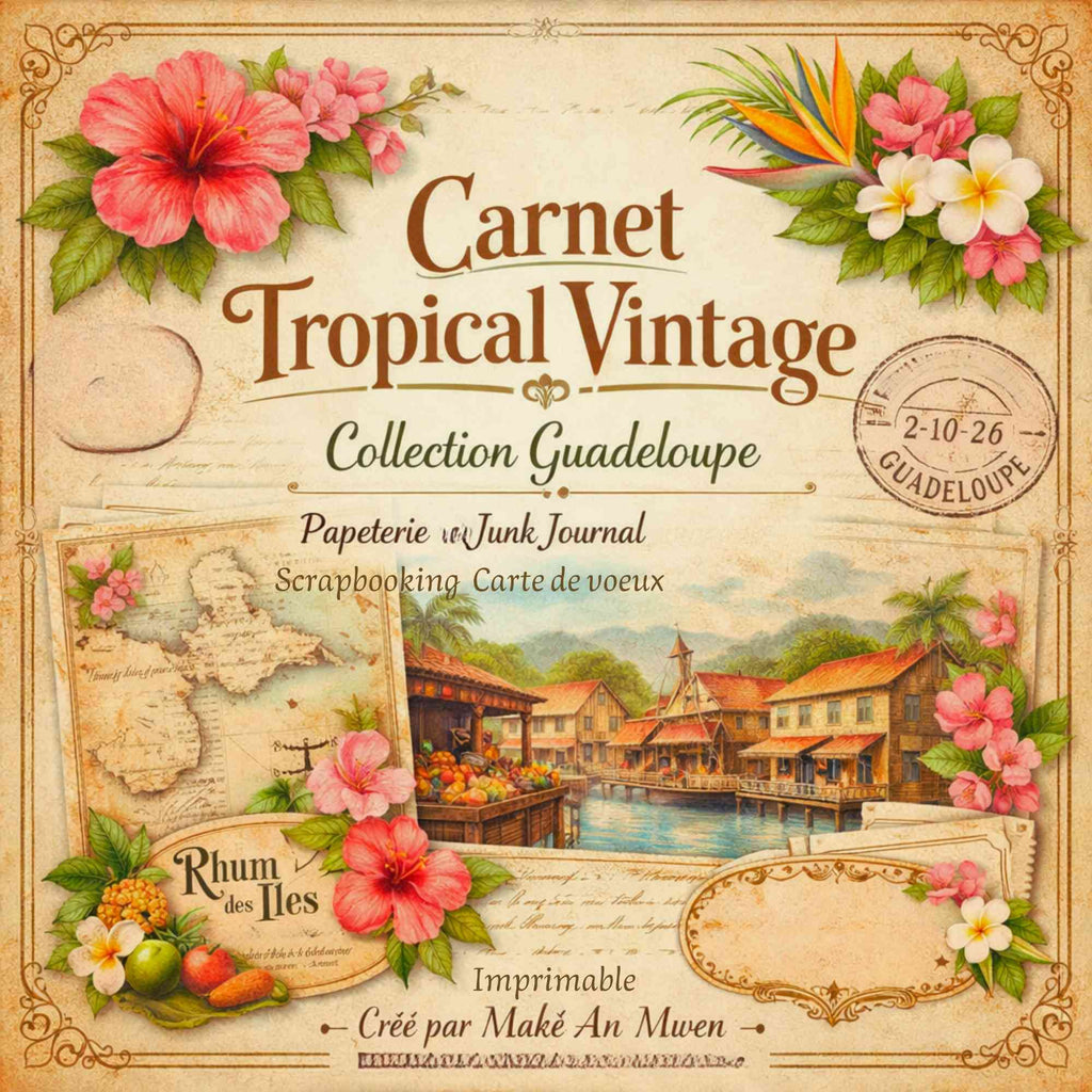 Kit Junk Journal Vintage Guadeloupe, 16 Papiers Numériques 12x12, Scrapbooking Tropical, Papeterie Artisanale, Téléchargement Instantané ZIP