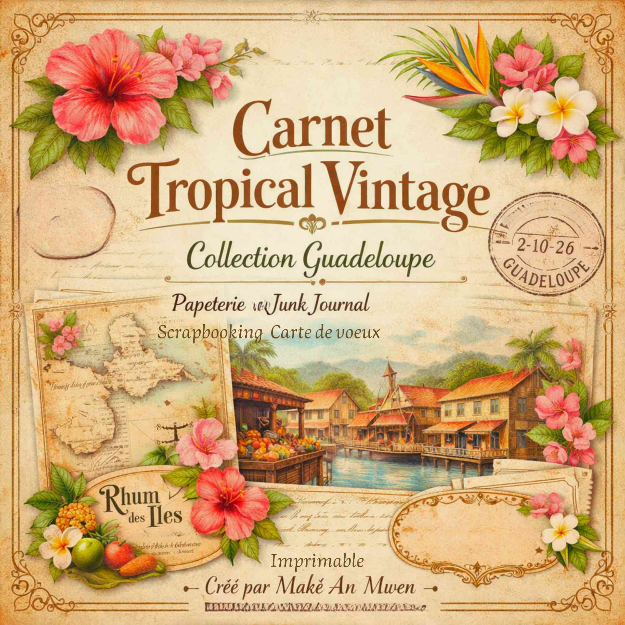 Kit Junk Journal Vintage Guadeloupe, 16 Papiers Numériques 12x12, Scrapbooking Tropical, Papeterie Artisanale, Téléchargement Instantané ZIP