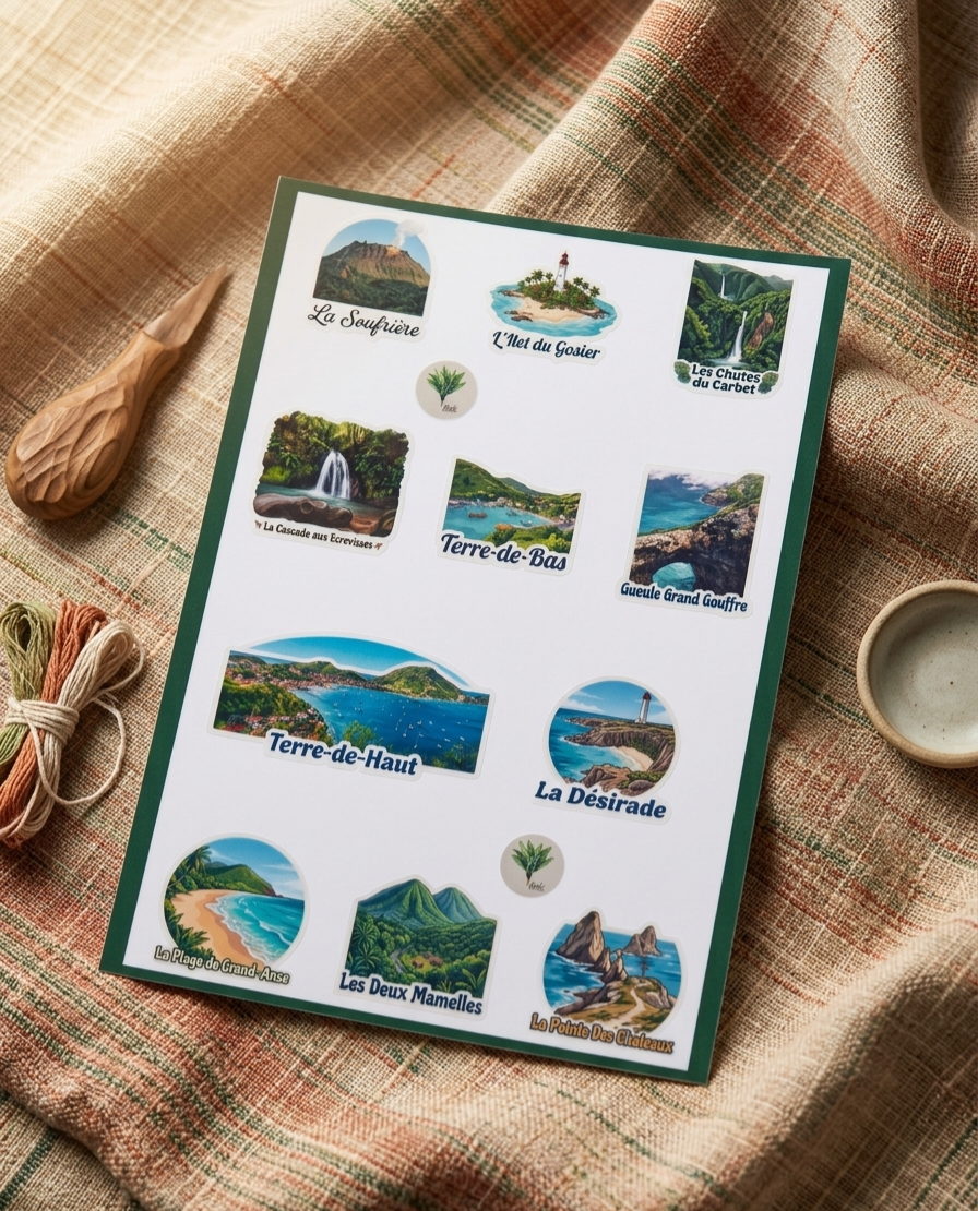 ✨ Planche de Stickers Transparents et Imperméables | Style Aquarelle Botanique et Paysages de Guadeloupe
