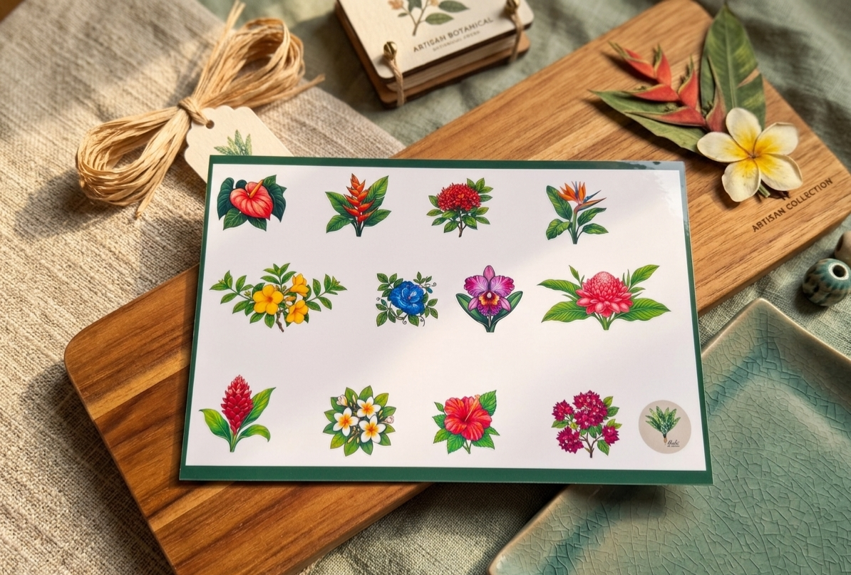✨ Planche de Stickers Transparents et Imperméables | Style Aquarelle Botanique et Paysages de Guadeloupe