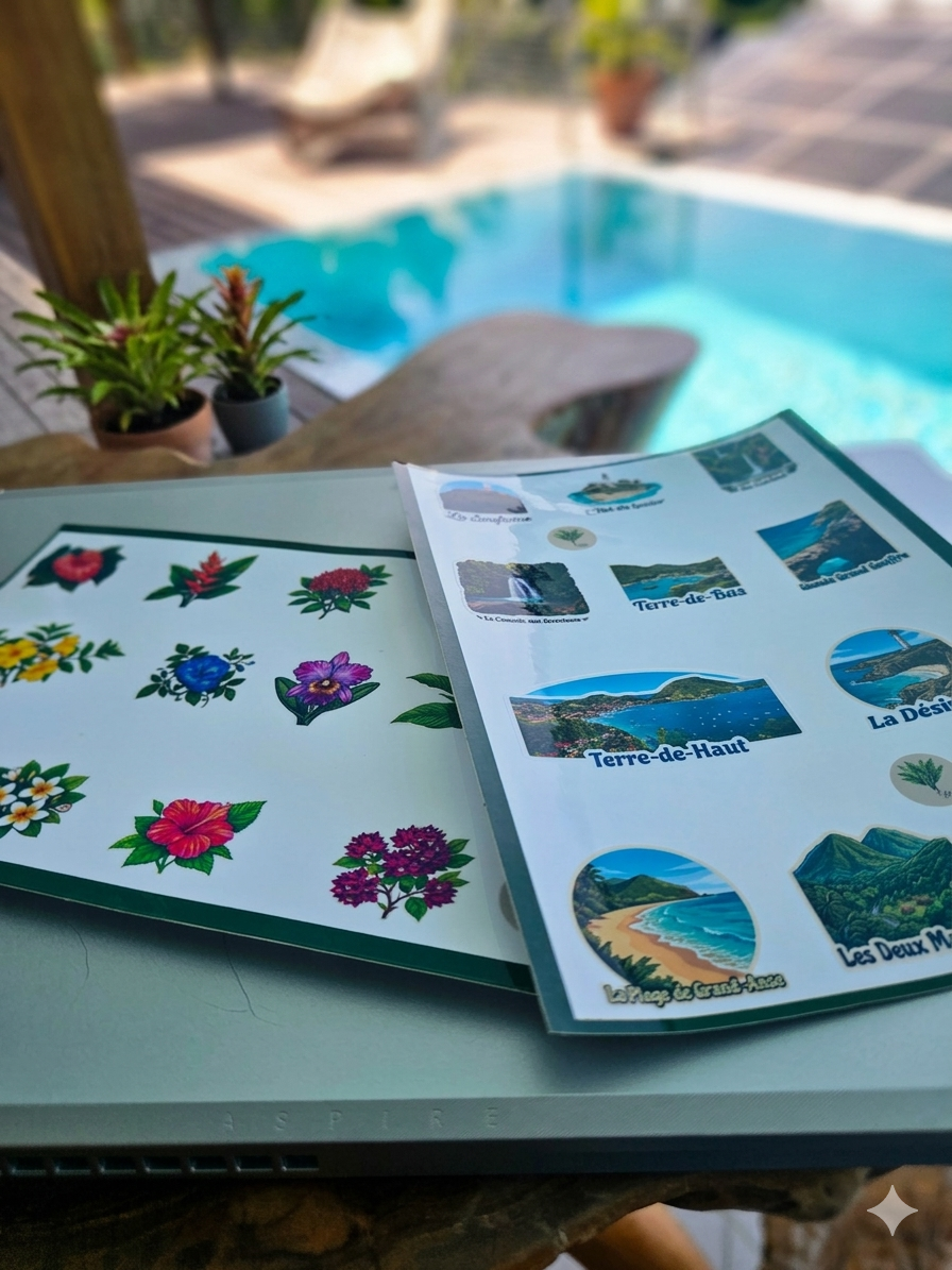 ✨ Planche de Stickers Transparents et Imperméables | Style Aquarelle Botanique et Paysages de Guadeloupe