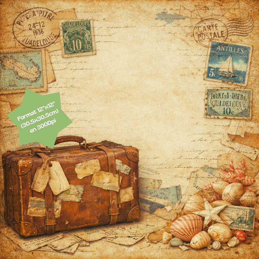 Kit Junk Journal Vintage Guadeloupe, 16 Papiers Numériques 12x12, Scrapbooking Tropical, Papeterie Artisanale, Téléchargement Instantané ZIP