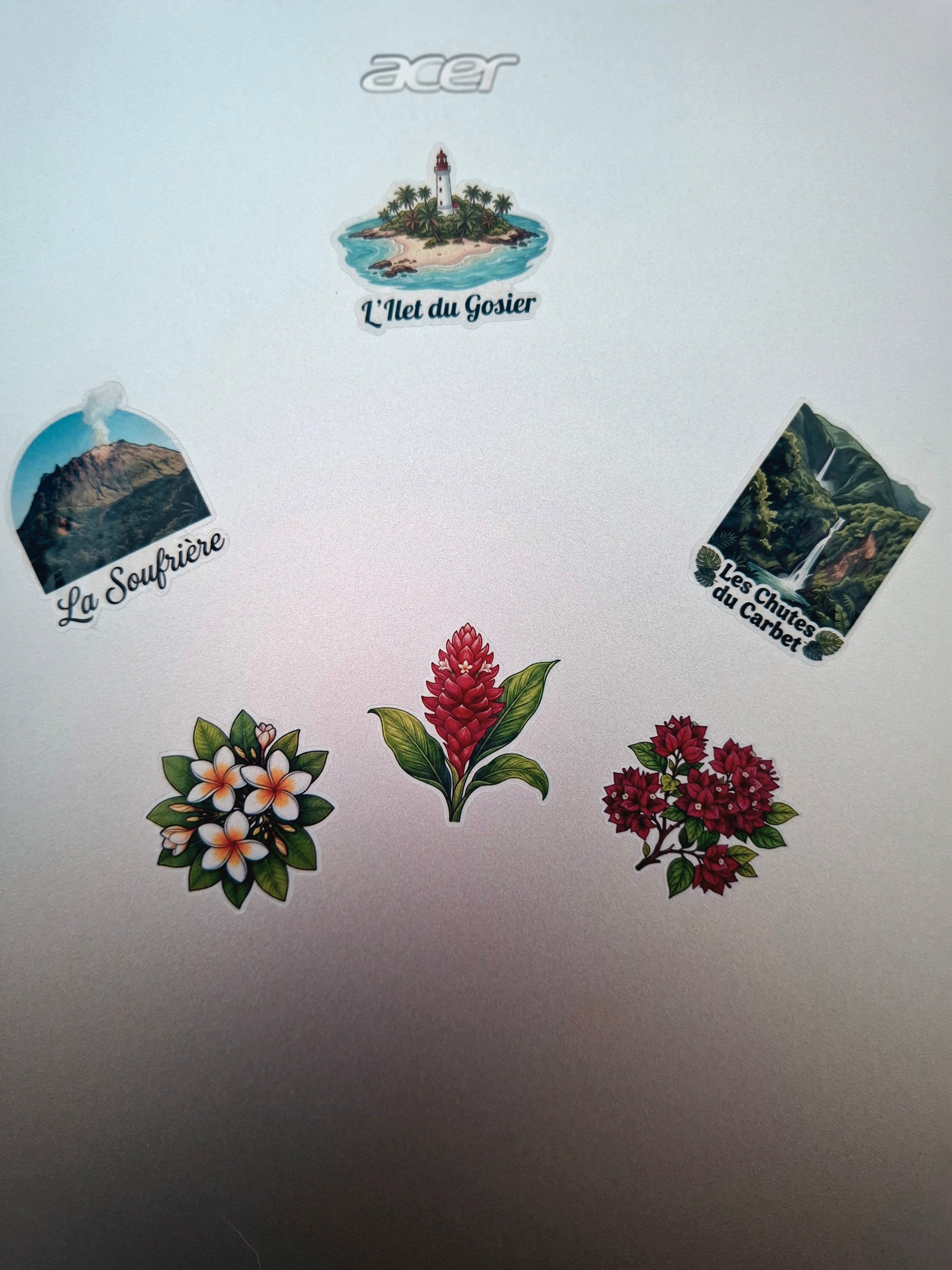 ✨ Planche de Stickers Transparents et Imperméables | Style Aquarelle Botanique et Paysages de Guadeloupe