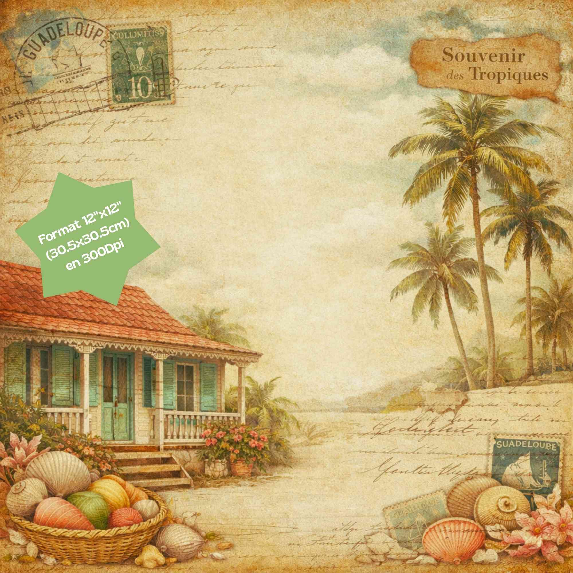 Kit Junk Journal Vintage Guadeloupe, 16 Papiers Numériques 12x12, Scrapbooking Tropical, Papeterie Artisanale, Téléchargement Instantané ZIP