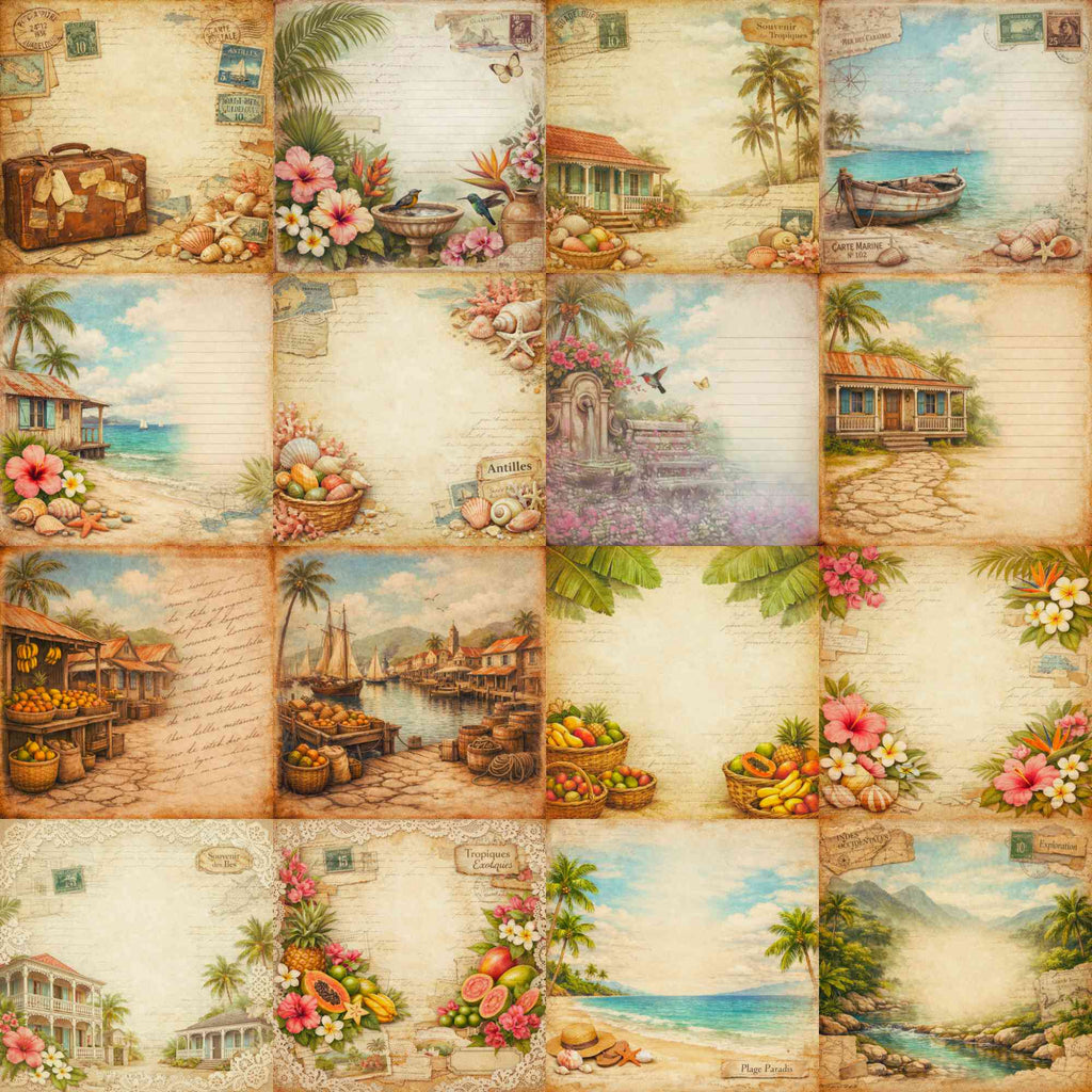 Kit Junk Journal Vintage Guadeloupe, 16 Papiers Numériques 12x12, Scrapbooking Tropical, Papeterie Artisanale, Téléchargement Instantané ZIP