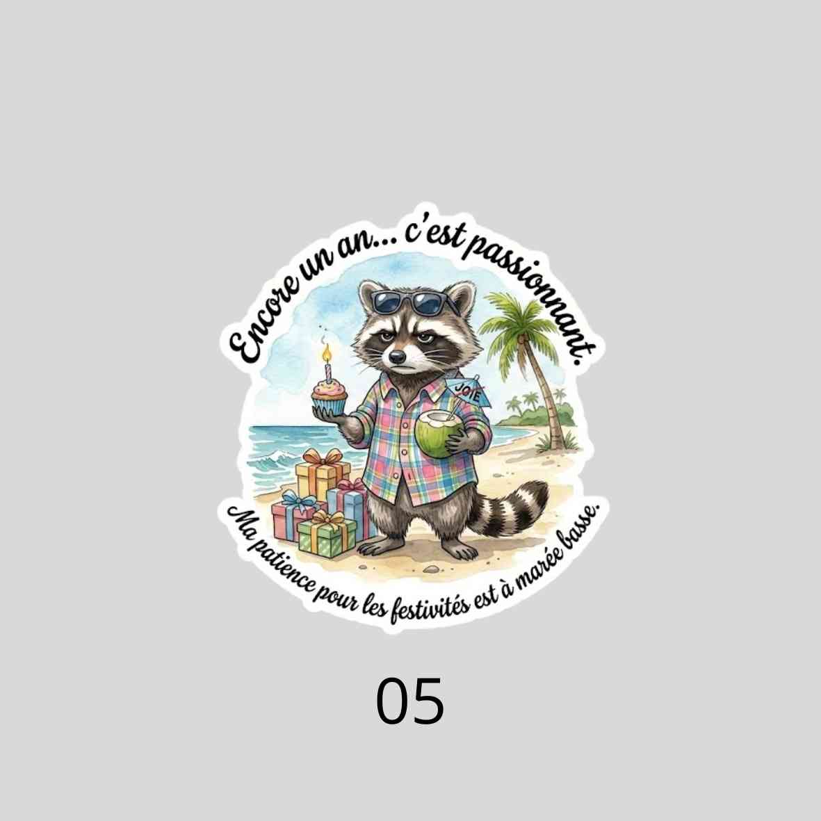 Autocollant Raton Laveur Sarcastique| Sticker Imperméable| Déco Humour PC & Gourde| Touche Madras| Les Aventures de Mr Tchip le Racoon